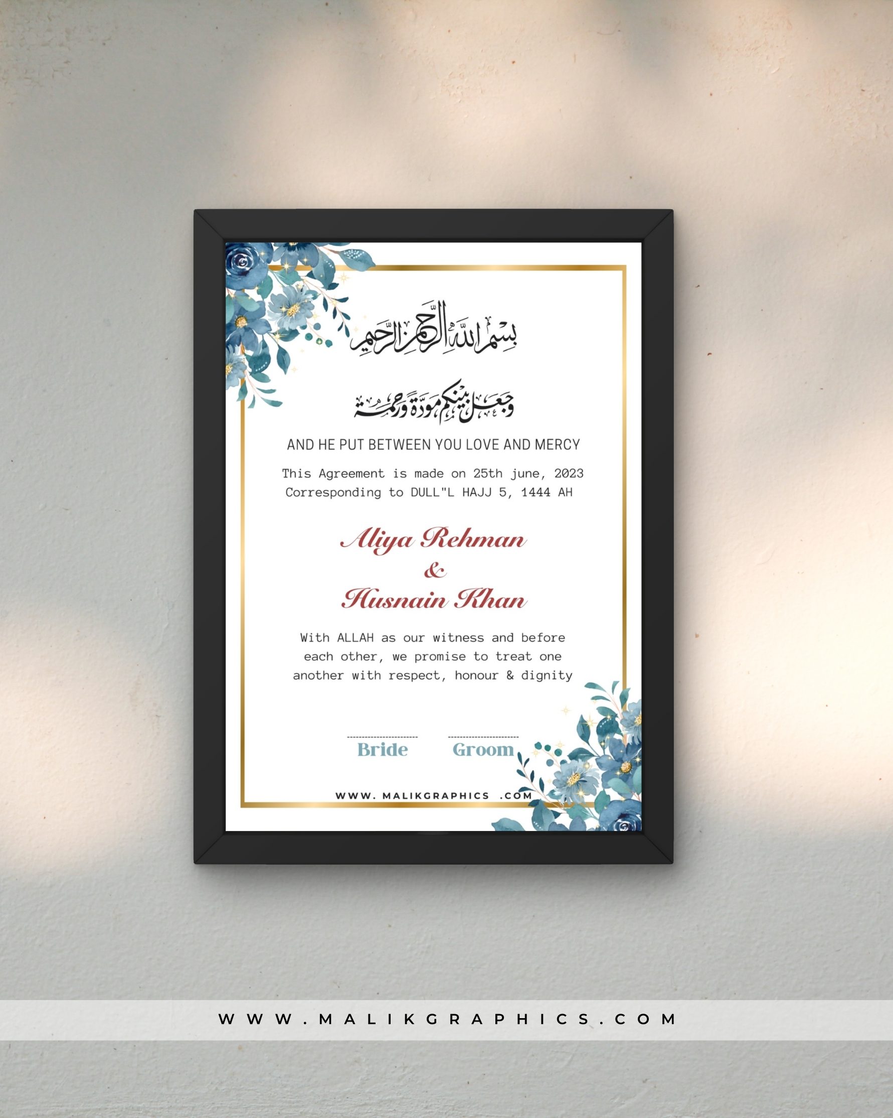 Personalized Nikkah Nama Agreement Frame Wedding Gift